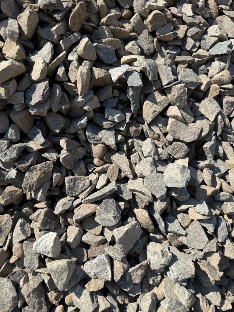 Number 2 crushed stone: angular gray and tan gravel.