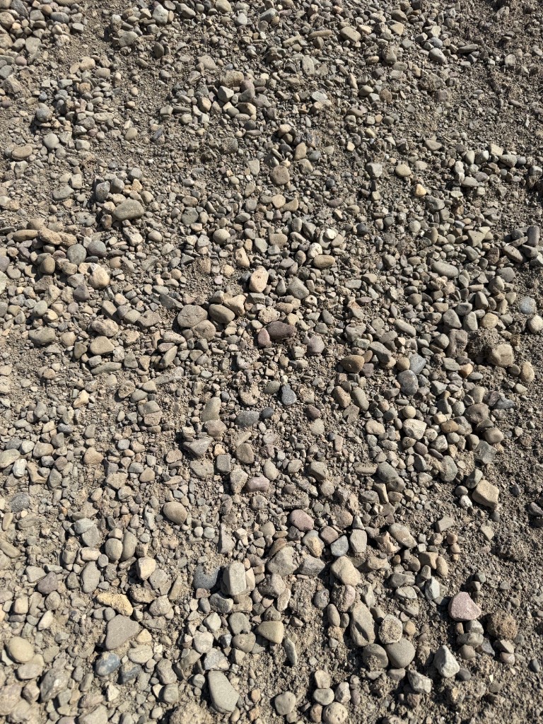 Coarse pit run gravel: mixed-size natural stone and sandy soil.