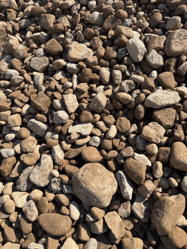 Screened cobbles: washed round cobblestone in mixed earth tones.
